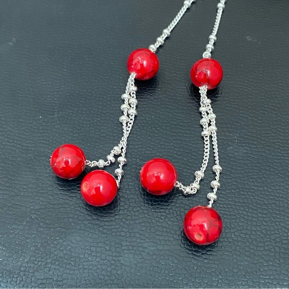 Silver-tone Chain with Red Beads Lariat 24-Inch Necklace 14.2g - Picture 8 of 14